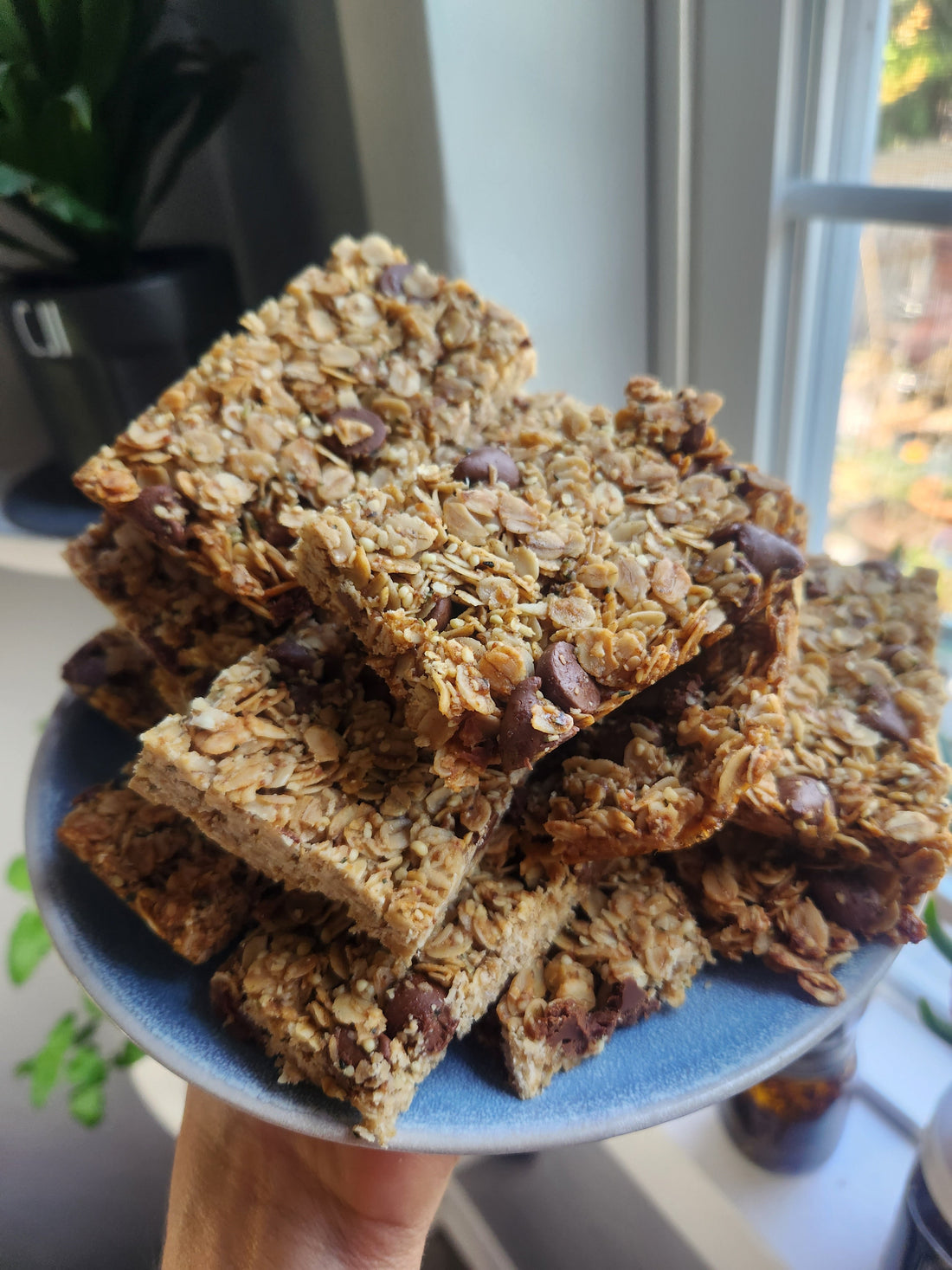 Plate of chocolate chip granola bars