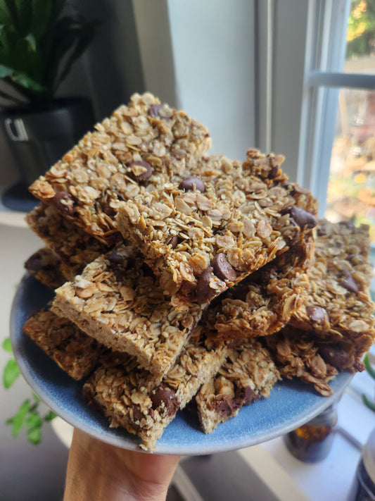 Plate of chocolate chip granola bars